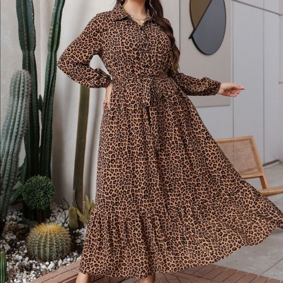 Boho Plus Size Leopard Animal Print Button Download Shirt belted Maxi Dress - Picture 6 of 10